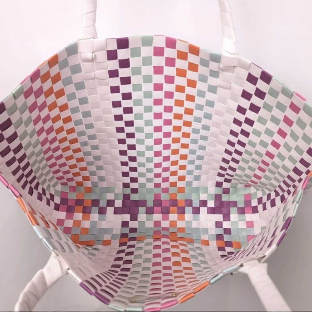Kate Spade Multicolor Woven Tote Checkerboard Pastel Brights Striped Beach Bag L